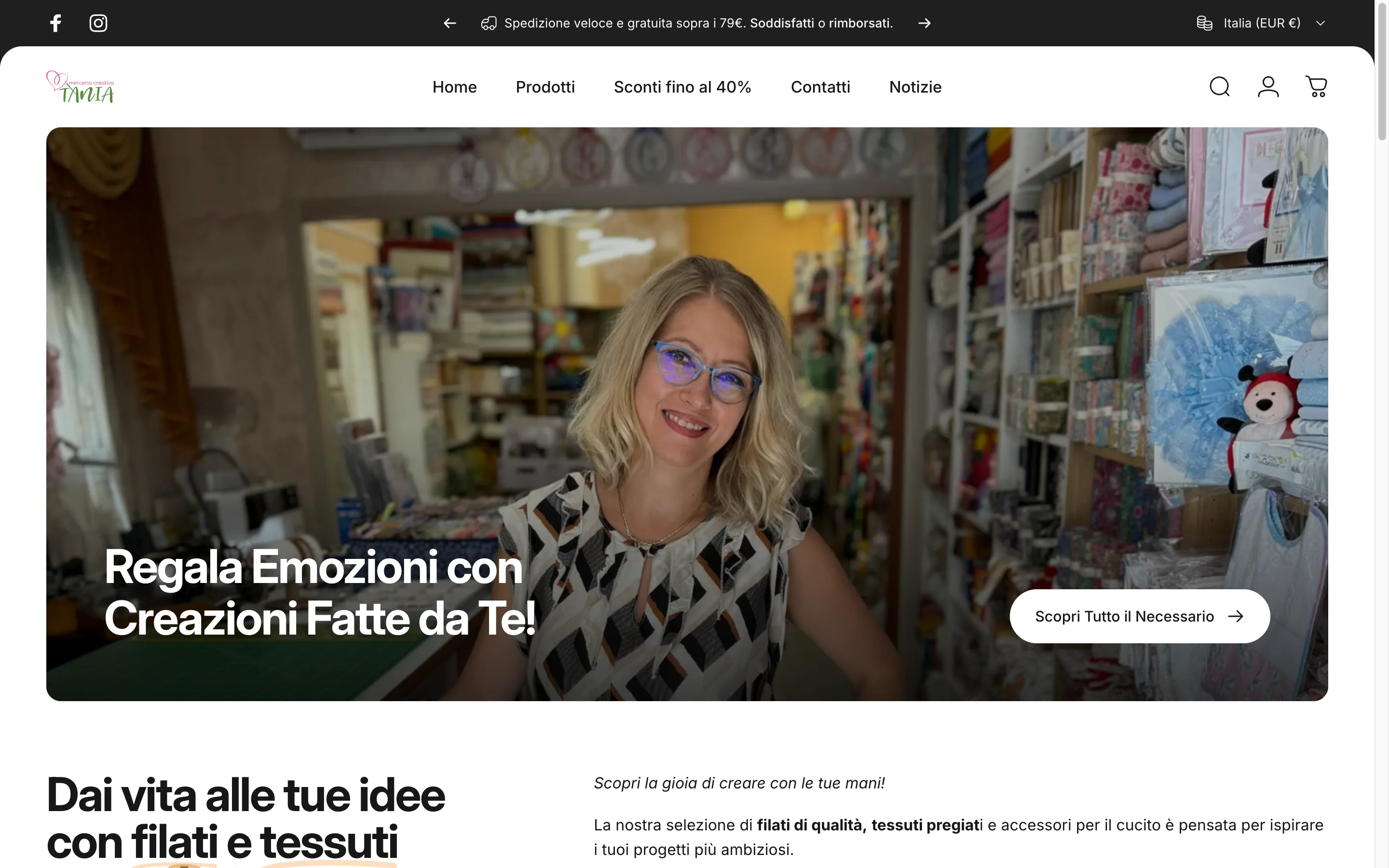 Homepage dello store Merceria Creativa Tania